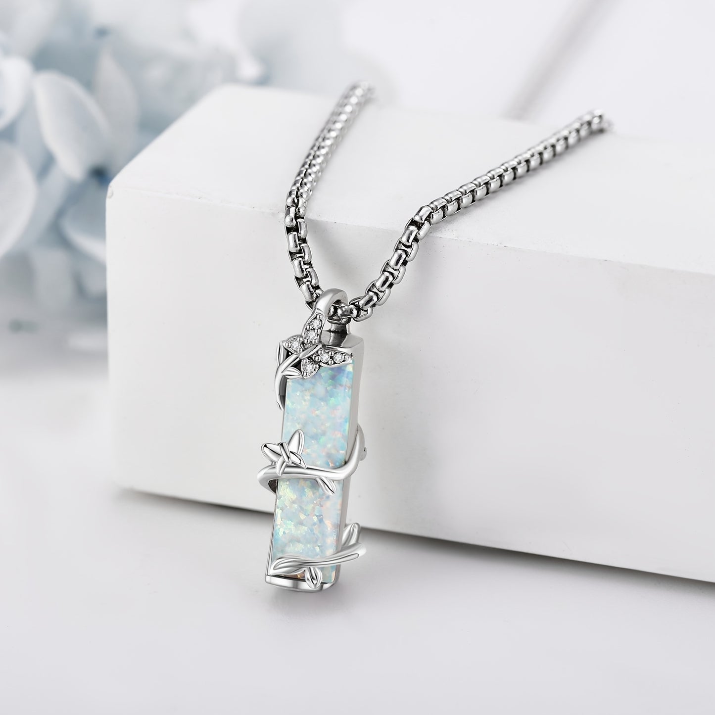 Elegant Opal 3D Bar Urn Necklace – Timeless Cremation Jewelry for Cherished Memories