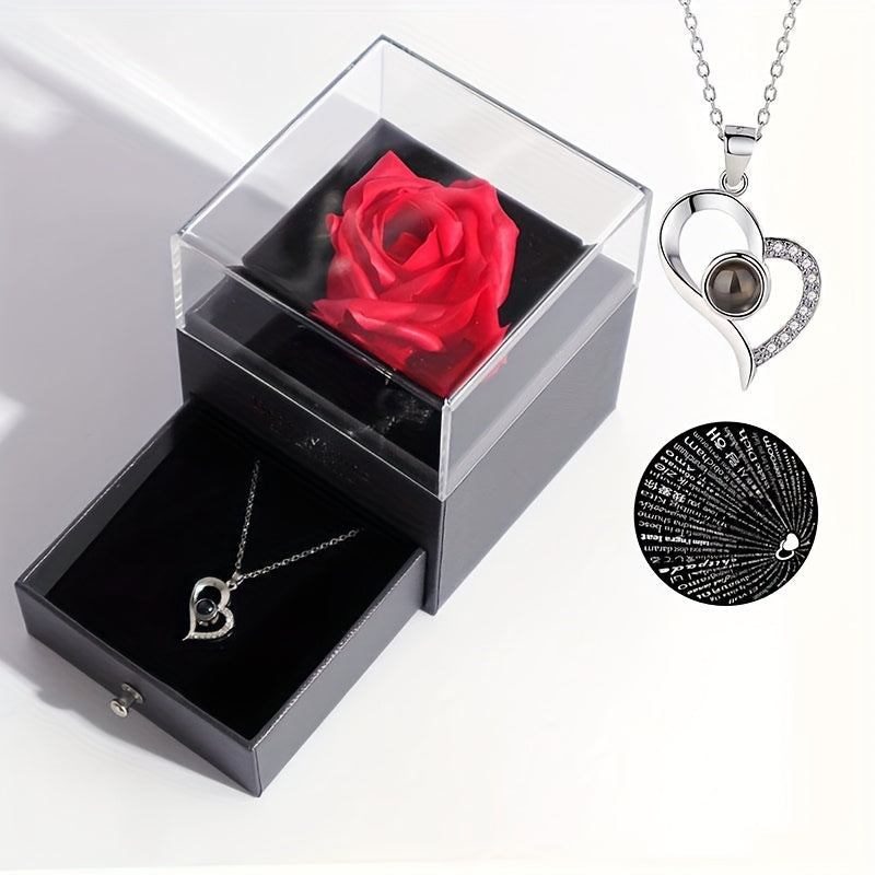 100 Languages 'I Love You' Heart Pendant Necklace with Real Rose – The Ultimate Romantic Gift Set