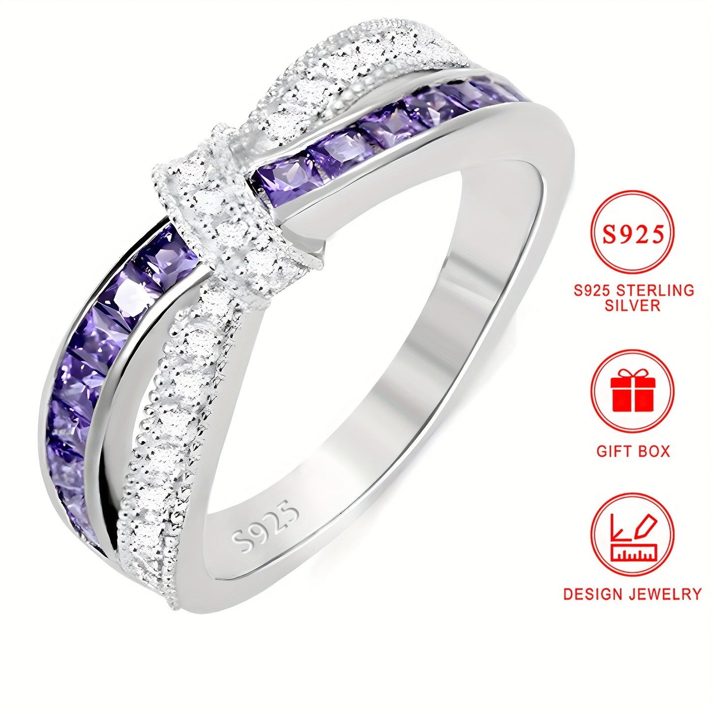 Elegant 925 Sterling Silver Purple Bow Ring – Perfect Valentine’s Day Gift for Her!