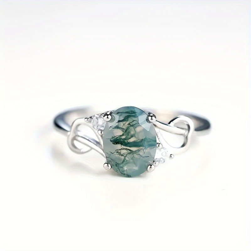 925 Sterling Silver Moss Agate Ring – Unique Stone Design for Brides Who Love Elegance!