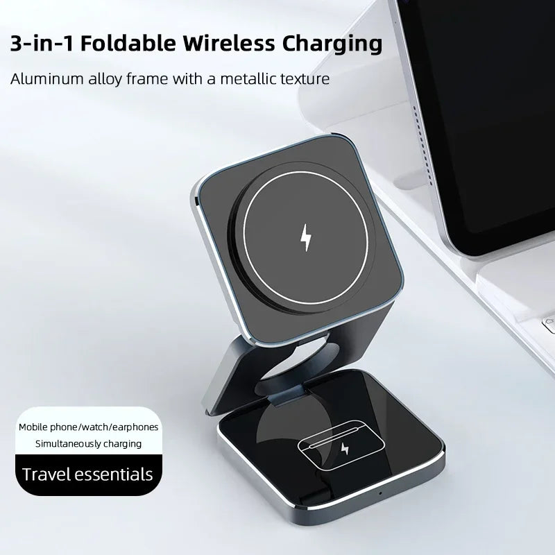 Qi2 Certified 15W 3-in-1 Magnetic Wireless Charger, Foldable Aluminum Alloy Stand for IPhone 16/15/14 Pro Max, AirPods, IWatch