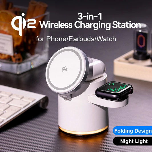 2024 New Qi2 Wireless Charger 3-in-1 Fast Charging Station Stand Folding Holder for iPhone 16 15 14 Pro Max Airpods Apple Watch