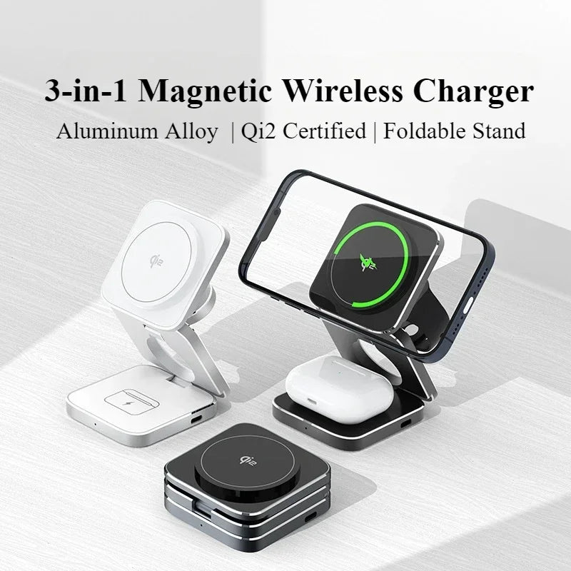 Qi2 Certified 15W 3-in-1 Magnetic Wireless Charger, Foldable Aluminum Alloy Stand for IPhone 16/15/14 Pro Max, AirPods, IWatch