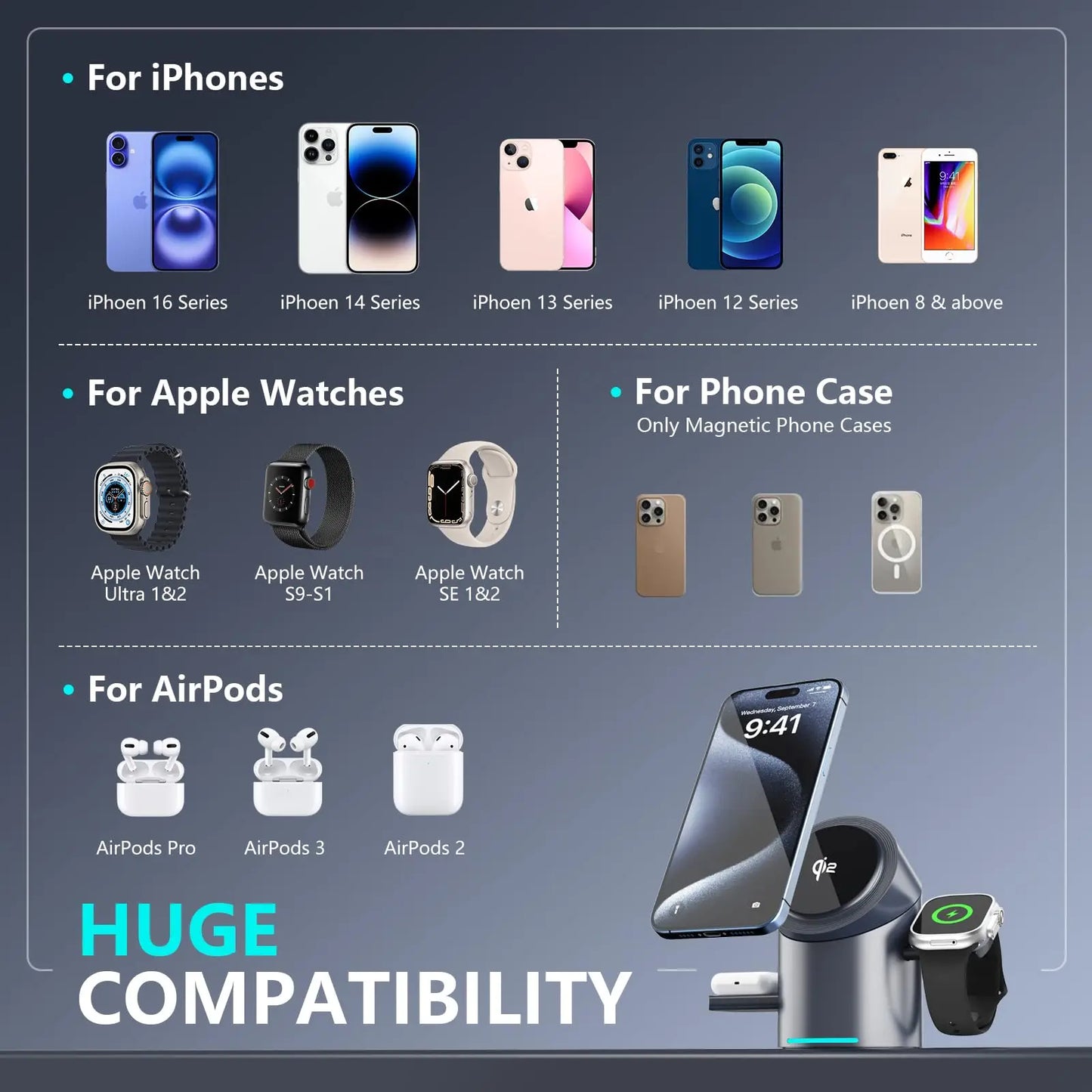 Qi2 3 in 1 Magnetic Wireless Charging Stand with Auto Rotation, Aluminum Body for IPhone 16 15 14 13 12 & Apple Watch&Airpods