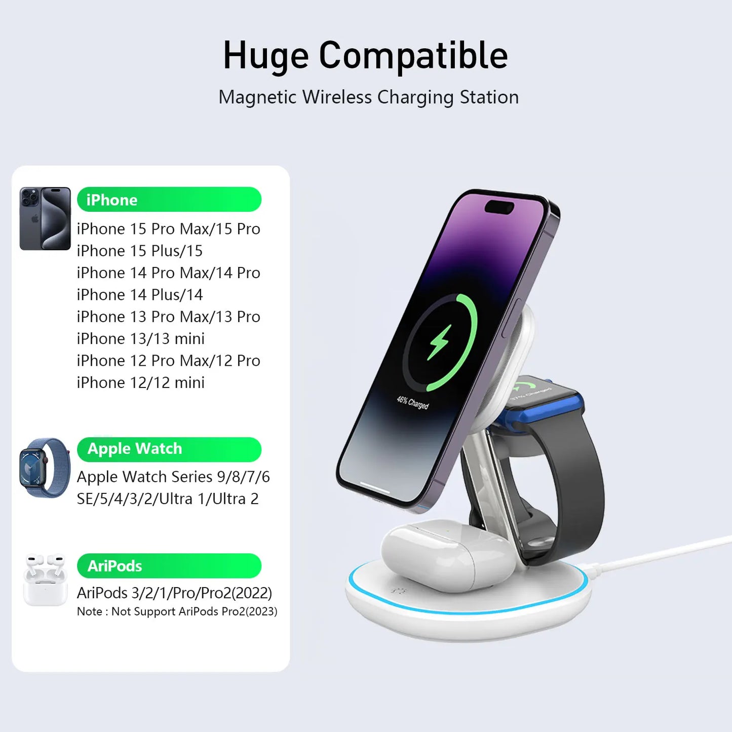 3 in 1 Wireless Charger Qi2 15W For iPhone 16 15 14 13 12 Fast Charging Station For Apple Watch 9 8 7 6 5 for Airpods pro stand