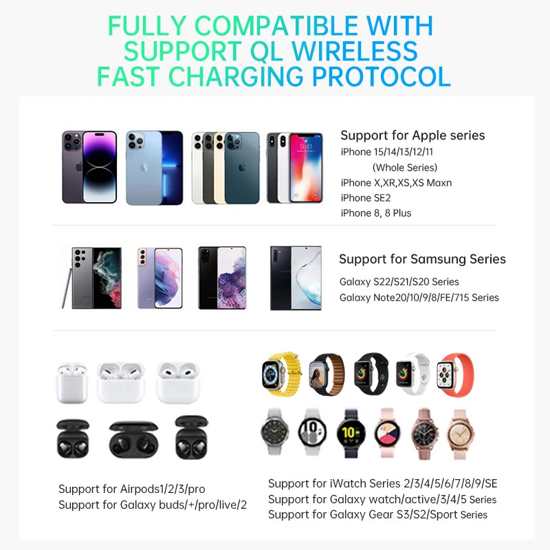 qi2 3 in 1 Wireless Charger For iPhone 12 13 14 15 stand for Airpods Pro for Apple/ Samsung Watch Fast Charging Station