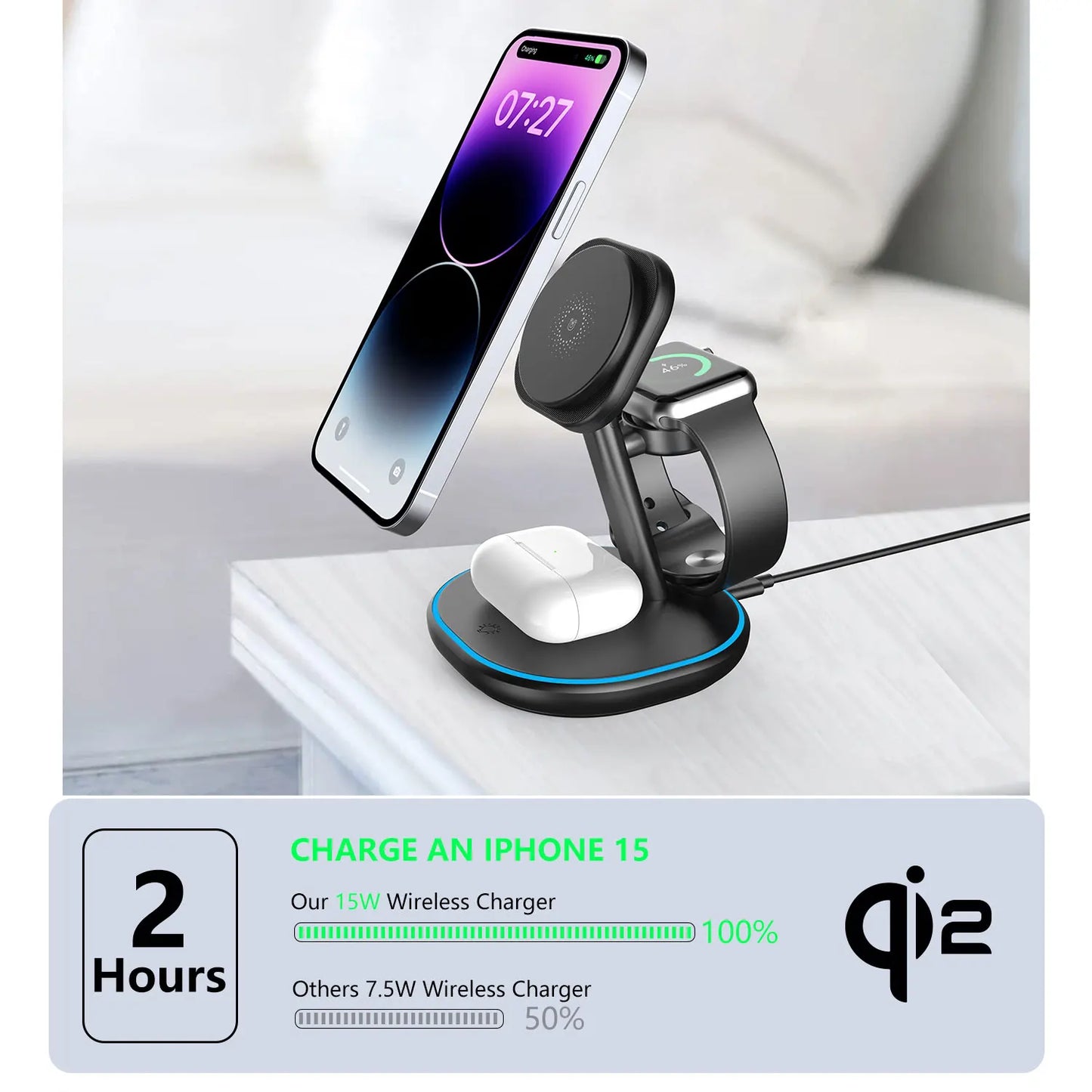 3 in 1 Wireless Charger Qi2 15W For iPhone 16 15 14 13 12 Fast Charging Station For Apple Watch 9 8 7 6 5 for Airpods pro stand