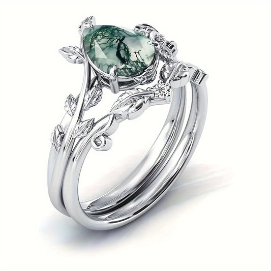 Elegant Moss Agate Promise Ring Set – A Boho-Chic Symbol of Love and Forever!